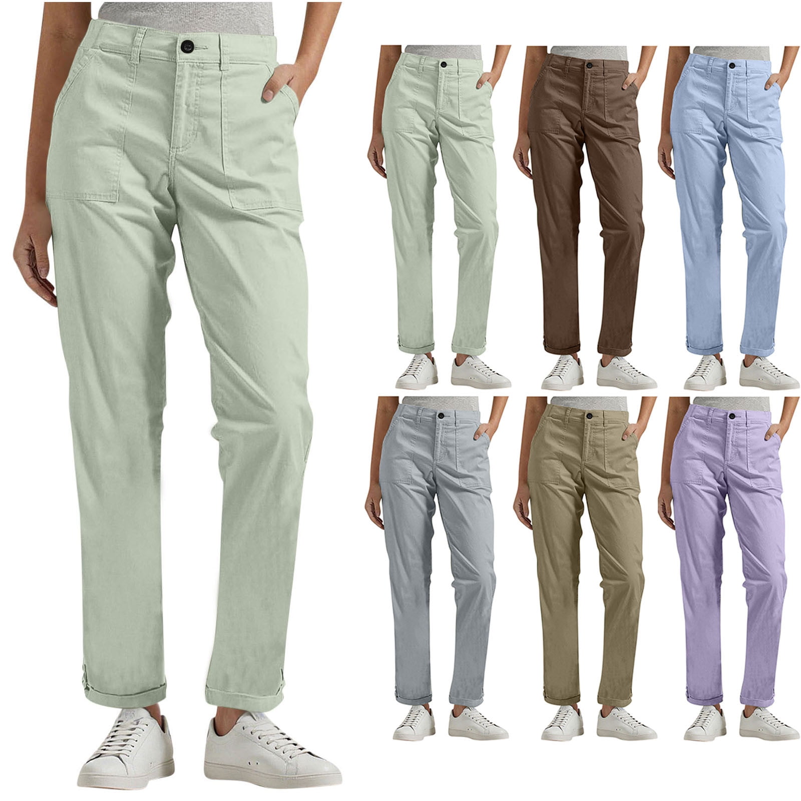 Joggers for Women Plus Size Zipper Button Waisted Cargo Pants Casual Solid Color Work Pants with Pockets, S-5XL