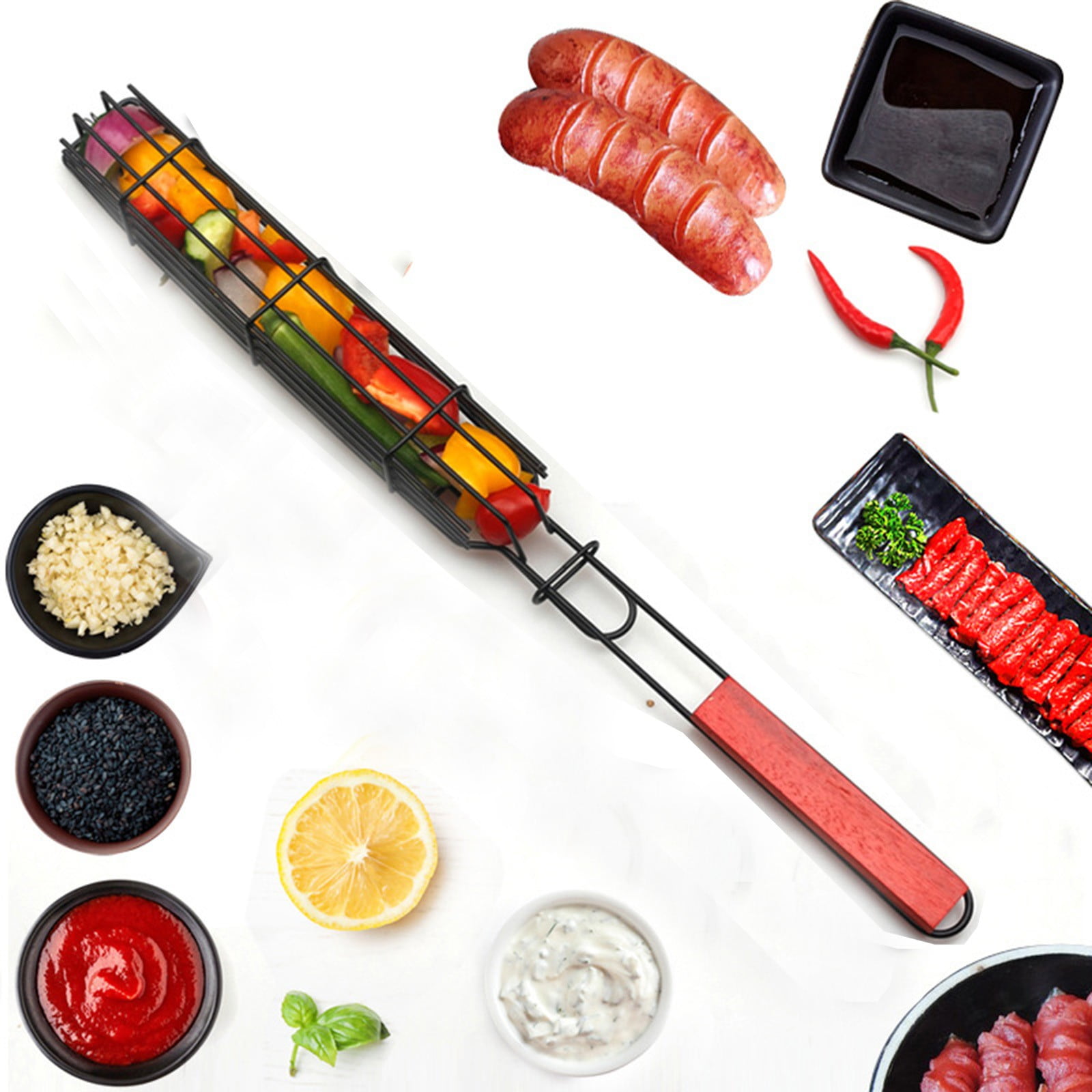 LSLJS Kabob Grilling Basket, 19" Extra Long Stainless Steel Kabob Grilling Baskets Lockable Easy