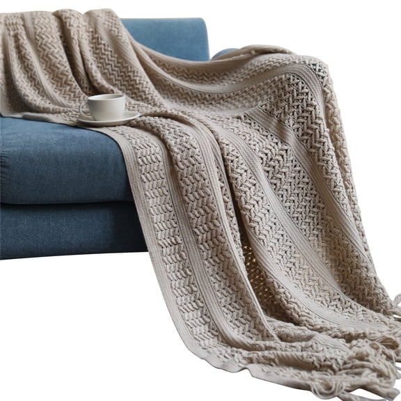 LSLJS Knitted Throw Blankets, 50x60 inch Solid Color Knitted Crochet Throw Blankets with Tassels Boho Style Cozy Lightweight Farmhouse Decorative Blanket Christmas Gifts for Couch Bed Sofa All Seasons