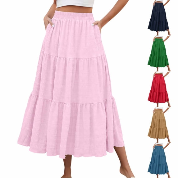 LSLJS Long Skirts for Women Elastic High Waist Ruffle Skirts Fashion Flowy Solid Color Maxi Skirt with Pockets, S-2XL