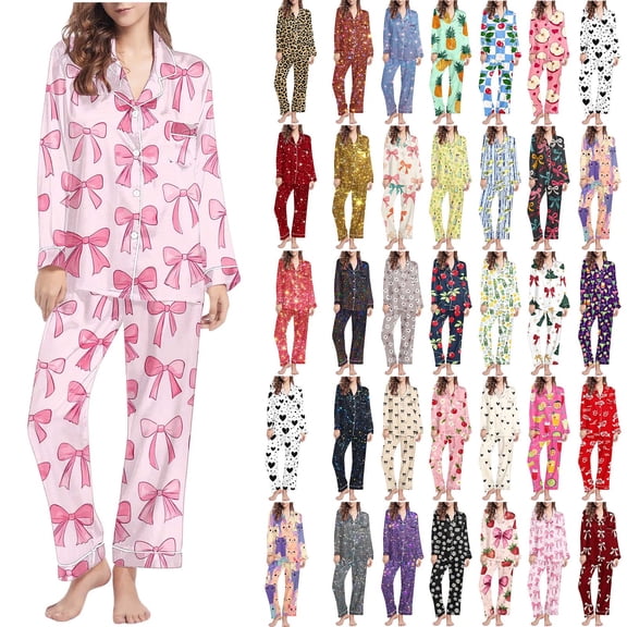 LSLJS Long Sleeve Pajama Set for Women Lapel Shirts Elastic Waist Pants Loungwear Casual Trendy Valentine's Day Heart Print Sleepwear Set, Gifts for Women