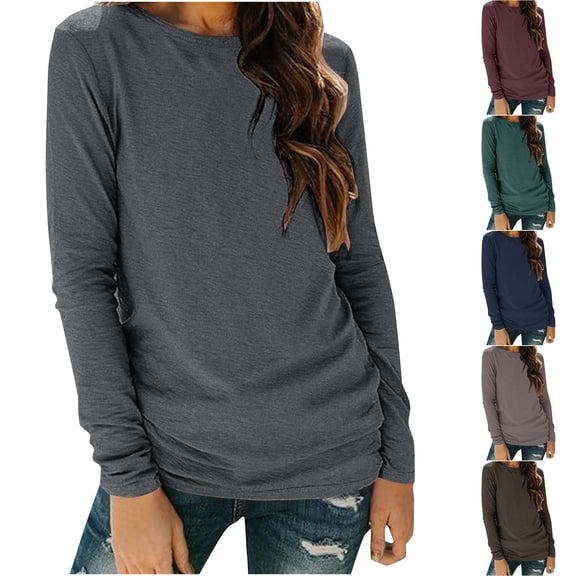 LSLJS Long Sleeve Shirts for Women Plus Size Crewneck Shirts Fashion Casual Solid Color Basic Tees Tops, S-3XL