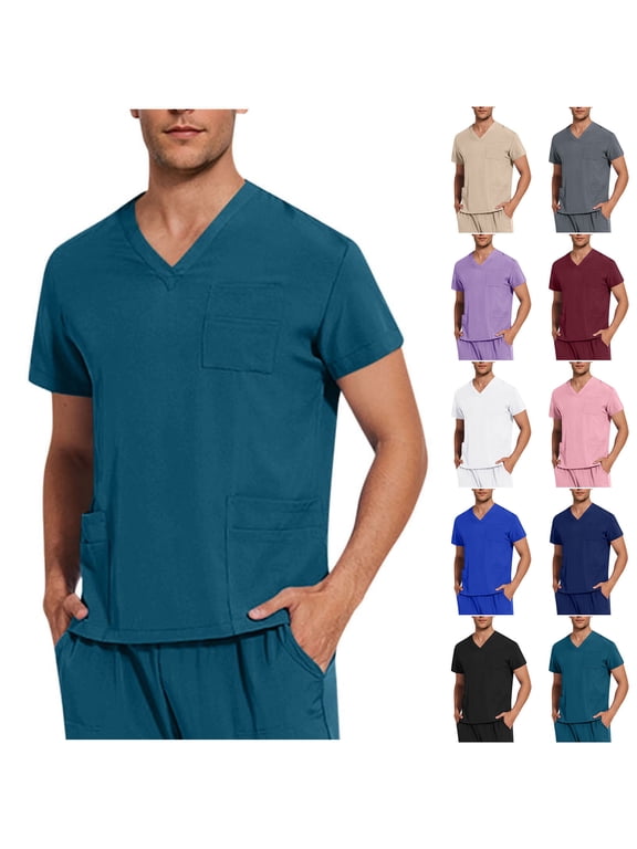 Mens Scrub Top Stretch V-Neck Nursing Uniform Top, Soft Workwear Scrub Solid Top with 3 Pockets, S-2XL