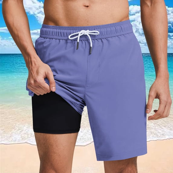 LSLJS Mens Swim Trunks with Liner, Fast Dry Elastic Drawstring Solid Color Summer Swim Shorts Beach Shorts S-2XL
