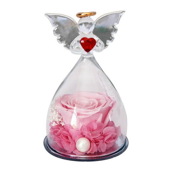 LSLJS Natural Immortal Flowers Valentines Day Gifts, Angel Figurines Glass Cover with Preserved Forever Real Rose & LED Lights, Glowing Love Decorations Romantic Angel Flowers Gifts for Women Girls