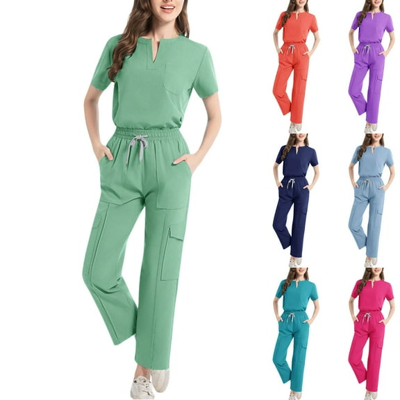 LSLJS Nursing Scrubs for Women Set V-Neck Uniform Scrubs Top and Straight-leg Cargo Pant, Casual Workwear Scrub Set Solid Color Top and Pants with Pockets, S-2XL