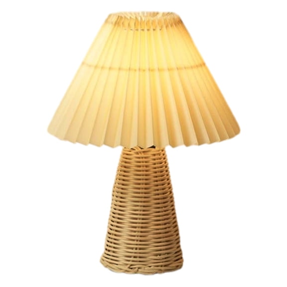 LSLJS Pleated Table Lamp, Modern Bedside Nightstand Lamp with Umbellate Flaxen Fabric Shade and Rattan Base Infinitely Dimmable Adjustable LED Night Lights for Bedroom Living Room Office Bulb Included