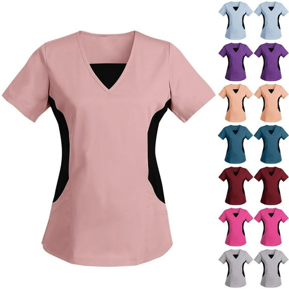 LSLJS Scrub Tops Women Nursing Uniform Fashion V-Neck Top, Casual Workwear Color Block Slim-Fit Top, S-2XL