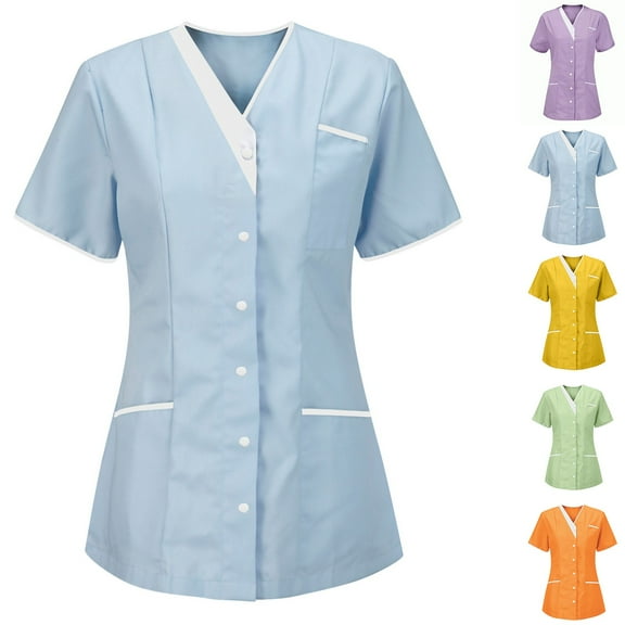 LSLJS Scrub Tops Women Nursing Uniform Plus Size V-Neck Top, Casual Workwear Scrub Tops with Snap Front, S-3XL
