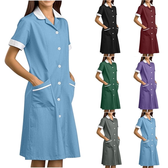 LSLJS Scrubs for Women Lapel Button Down Nurse Dress Casual Solid Color Work Dresses with Pockets, S-2XL