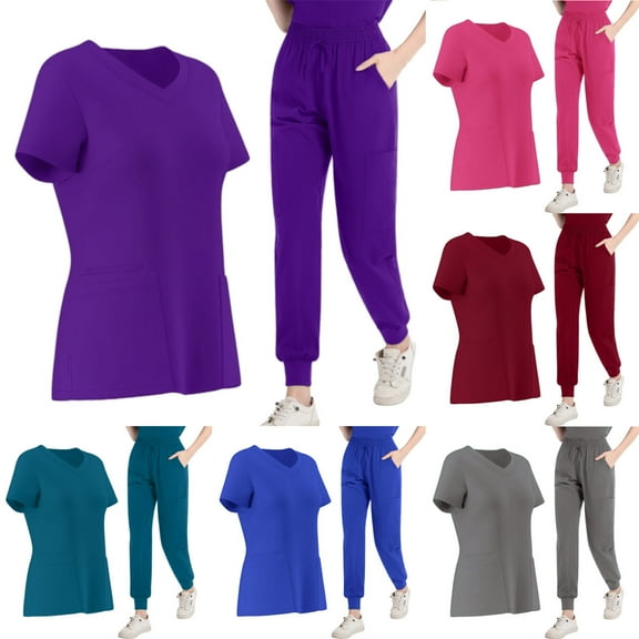 LSLJS Scrubs for Women Set Modern V-Neck Top and Drawstring Jogger Pants, Comfort Scrubs Set Solid Top and Pants for Nurse Workwear, S-2XL