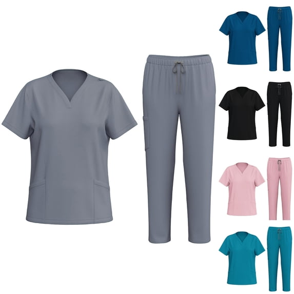 LSLJS Scrubs for Women Sets Nursing Uniform Stretch Short Sleeve V-Neck Top Drawstring Cargo Pants, Casual Solid Workwear Scrub Sets, S-2XL