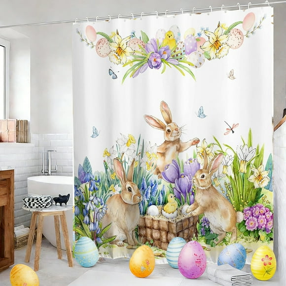 LSLJS Shower Curtain Liner Easter Decorations with Snap in Liner Set Shower Curtain Easter Spring Funny Bunny Wooden Decor with 12 Hooks Holiday Bathroom Decor 47.2x70.9"