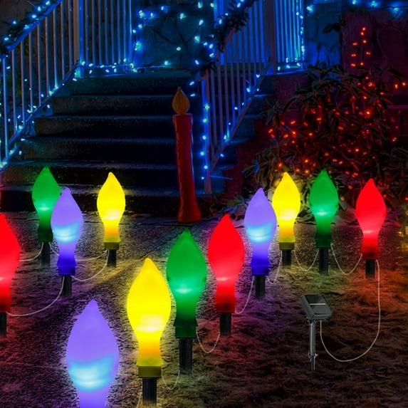 LSLJS Solar Lights Outdoor, Christmas Decorations 8 Pcs Colorful Flame Shape LED Lights Solar Powered Waterproof Ground Plug Lamp Xmas Holiday Scene Layout Night Lights for Garden Courtyard Pathway