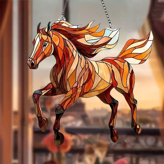 LSLJS Stained Glass Window Hanging, Galloping Horses Sun Catcher for Door Home Decor Stained Glass, Gifts for Horse Lovers, Vintage Western Cowboy Rear Mirror Car Accessories