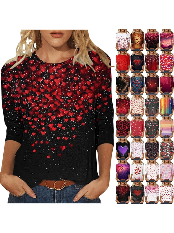 T Shirts for Women Plus Size Crewneck 3/4 Sleeve Tops Cute Cozy Valentine's Day Heart Print Tee Blouses, Gifts for Women, S-5XL