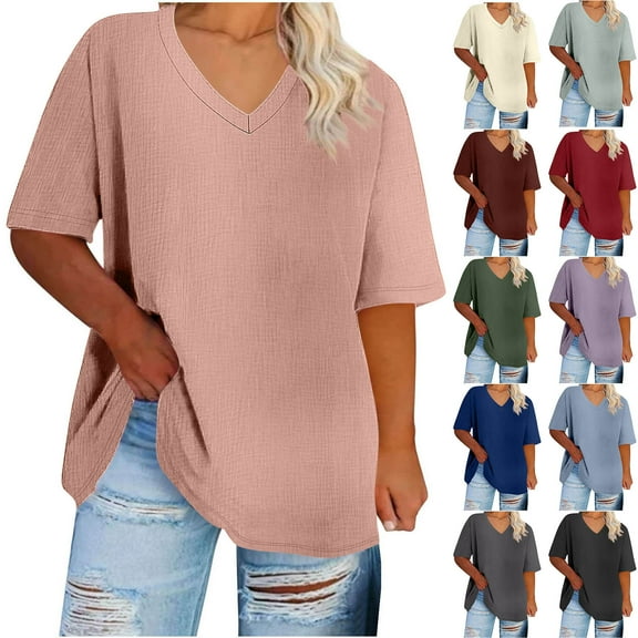LSLJS T Shirts for Women Plus Size V Neck Summer Tops Casual Loose Solid Color Basic Tees Tops, L-5XL