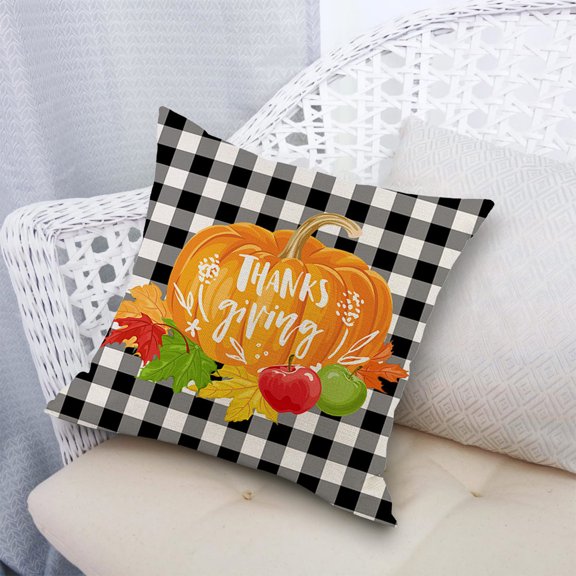 LSLJS Thanksgiving Pillow Covers Fall Decorations,17.7x17.7"Line Plaid Throw Pillow Covers Maple Leaf and Pumpkin Pattern Simple Style Throw Cushion Autumn Havest Pillow Case for Sofa Bed Couch Decor