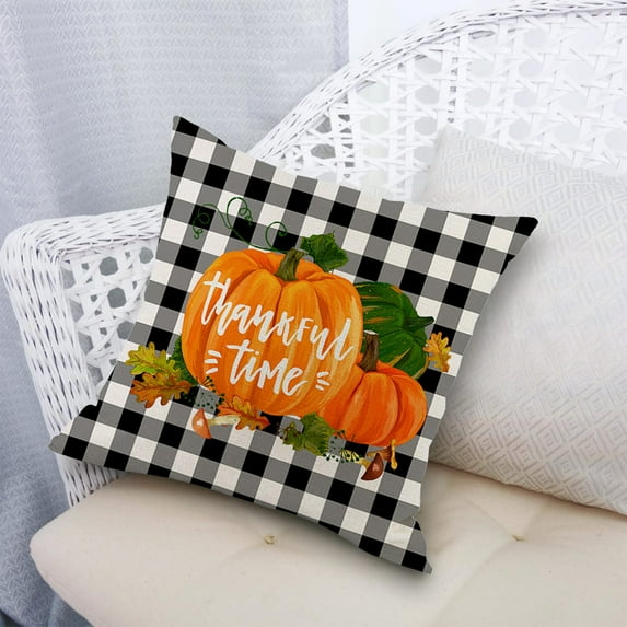 LSLJS Thanksgiving Pillow Covers Fall Decorations,17.7x17.7"Line Plaid Throw Pillow Covers Maple Leaf and Pumpkin Pattern Simple Style Throw Cushion Autumn Havest Pillow Case for Sofa Bed Couch Decor