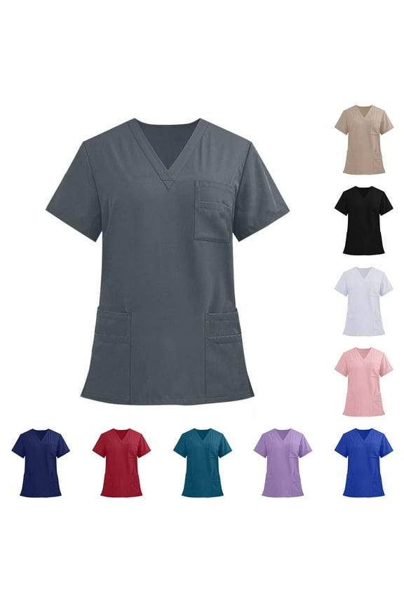Unisex Scrub Top Nursing Uniform Soft Stretch V-Neck Top, Comfort Workwear Scrubs Top with 3 Pockets, XS-2XL