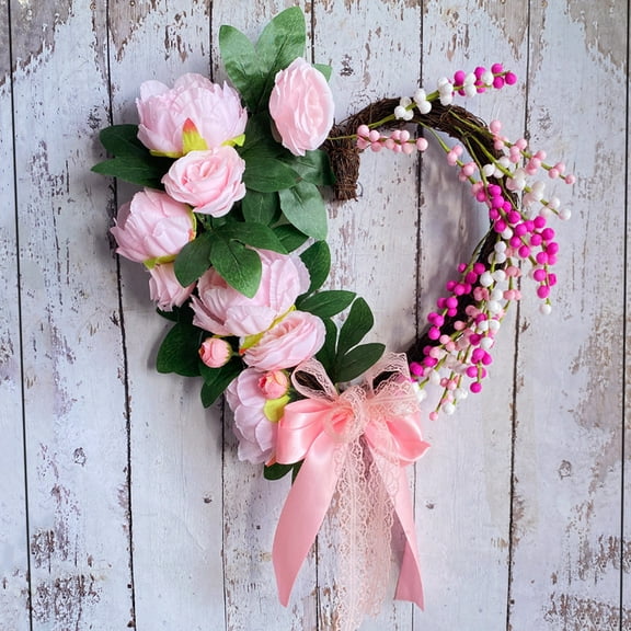 LSLJS Valentine's Day Floral Wreath for Front Door, 13.8 inch Rattan Heart Shape Artificial Flowers Wreath Romantic Branches Love Wreath Scene Layout Props Valentines Decorations for Wedding Party
