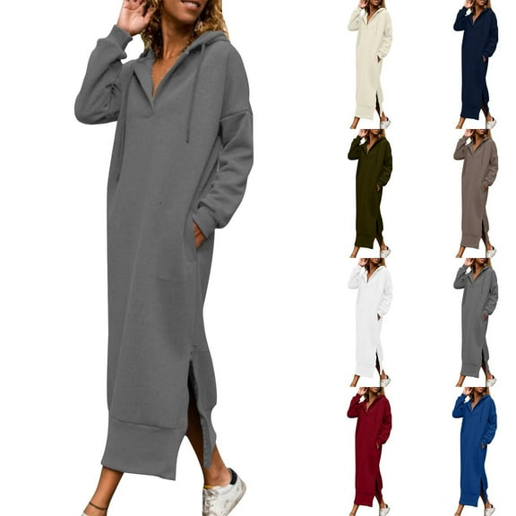 LSLJS Women Hoodies Dress Long Sweatshirts Dress Fashion Raglan Sleeves Solid Color Fall Dresses with Pockets, S-2XL