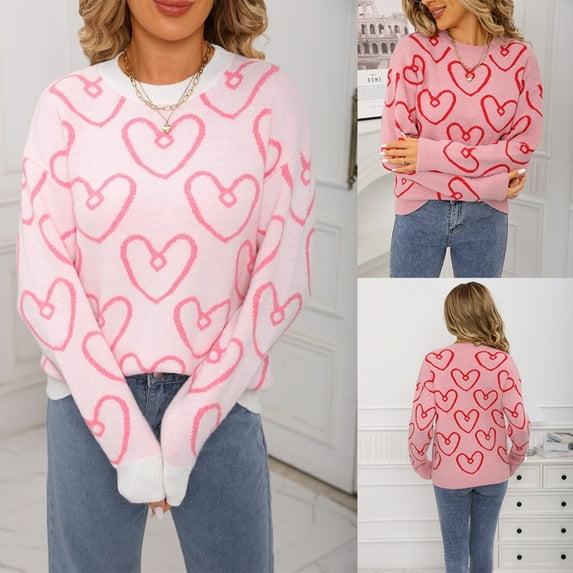 LSLJS Women's Sweaters Crewneck Long Sleeve Tops Casual Cozy Valentine's Day Heart Print Fall Fashion Blouses Sweaters, Gifts for Women, S-XL