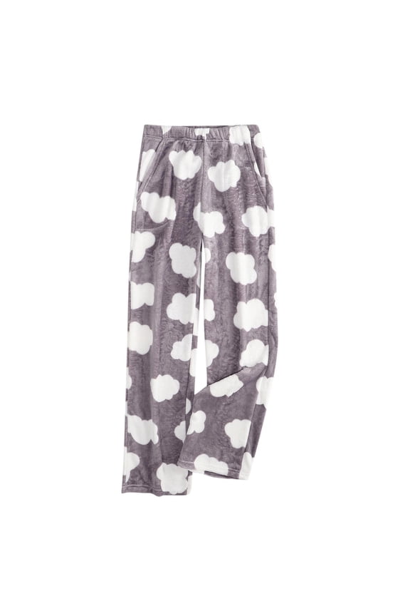 Womens Fleece Lined Pants Plus Size Flannel Elastic Waist Pajamas Pants Funny Loose Cloud Print Trousers, S-3XL, Gifts for Women