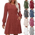thumbnail image 1 of LSLJS Womens Long Sleeve Mini Dress Crewneck Waist Cinching Dresses Fashion Casual Solid Color Fall Dresses with Pockets, S-2XL, 1 of 5