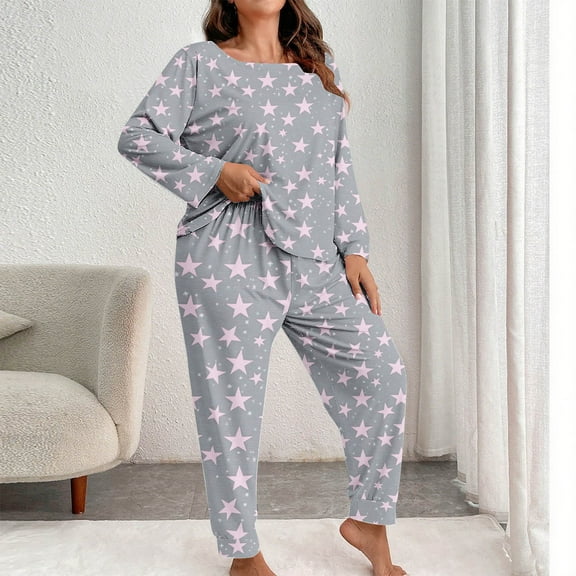 LSLJS Womens Long Sleeve Pajama Set Plus Size Crewneck Pajamas Sets Casual Cute Star Print Graphic Sleepwear, Gifts for Women