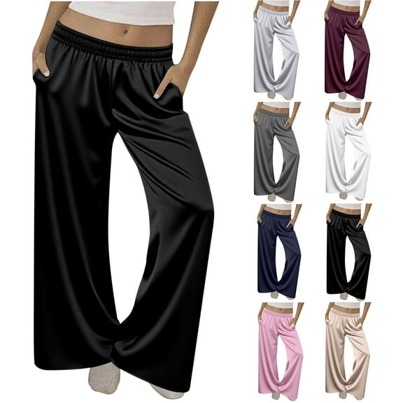 LSLJS Womens Pajama Pants Straight Leg Elastic Waisted Trousers Pants Loose Solid Color Casual Pants with Pockets, S-2XL