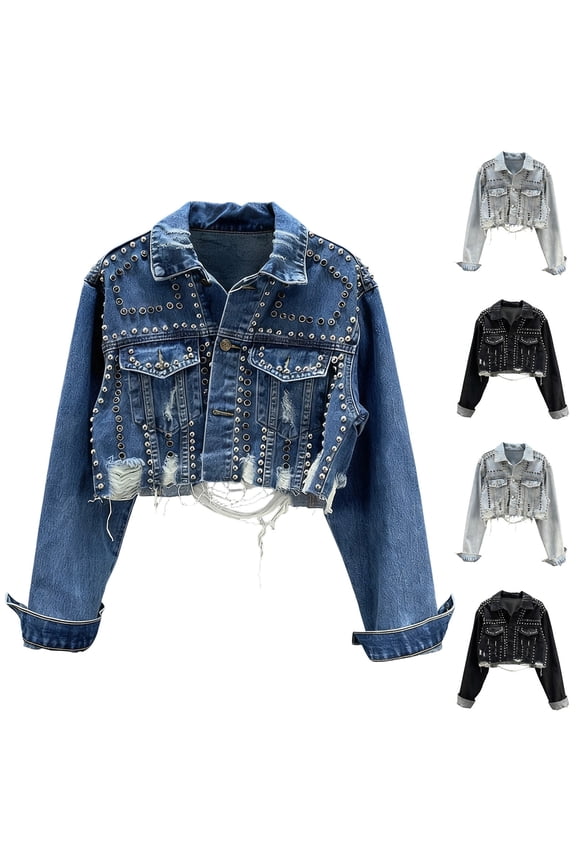 Womens Rhinestone Denim Jacket Cropped Button Down Jean Jacket Trendy Casual Solid Color Denim Jackets with Studded, S-2XL