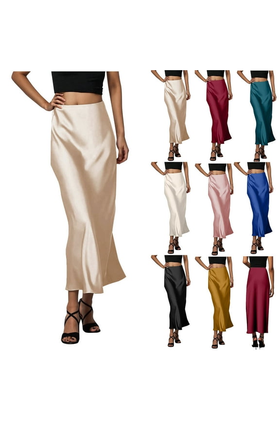 Womens Satin Skirt Elastic Waist Maxi Silk Skirts Fashion Flowy Solid Color Party Wedding Long Skirt, S-2XL