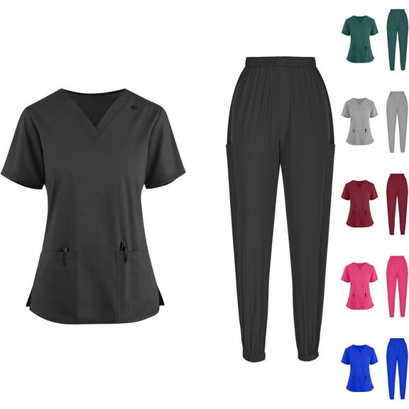 LSLJS Womens Scrubs Nursing Uniform Short Sleeve V-Neck Top Elastic Waist Jogger Pants, Solid Stretch Scrub Sets Workwear with Muilt Pockets, S-2XL