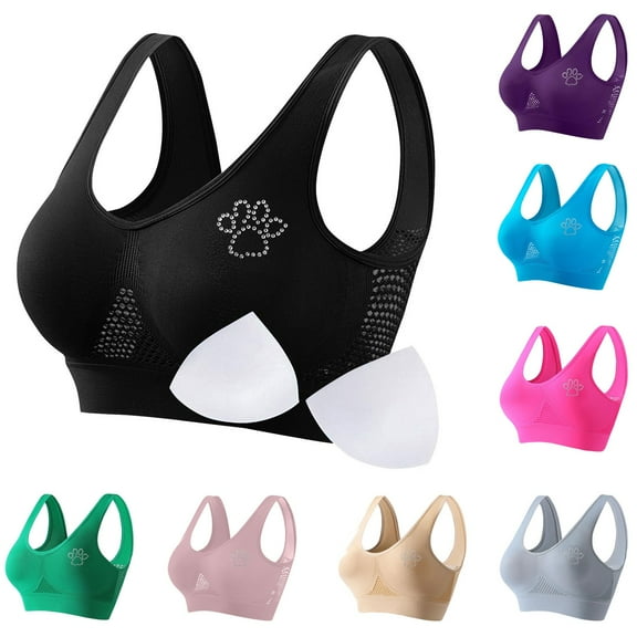 LSLJS Womens Sports Bras Plus Size No Underwire Wireless Bras Solid Color Rhinestone Print Lingerie with Removable Padding, Gifts for Women