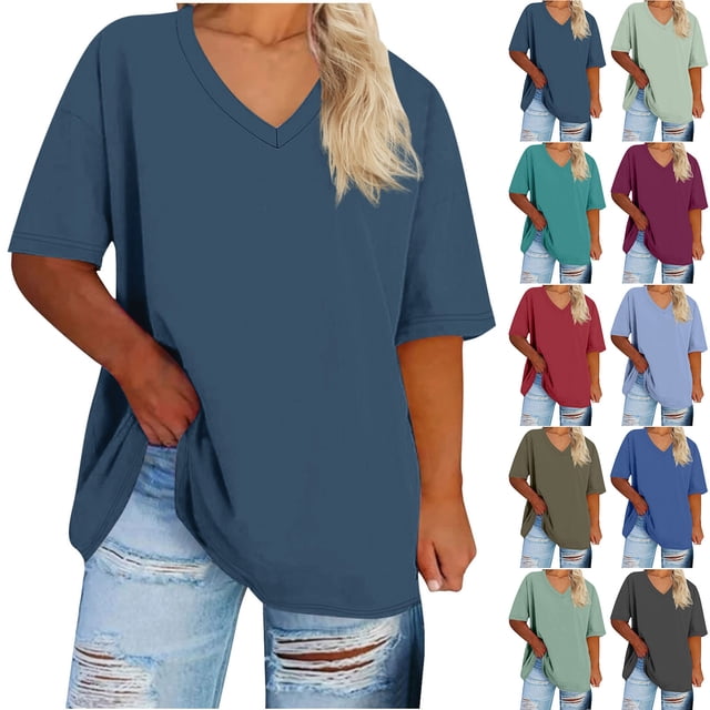 LSLJS Womens T Shirts Plus Size V Neck Summer Tops Casual Loose Solid Color Basic Tees Tops, S-5XL
