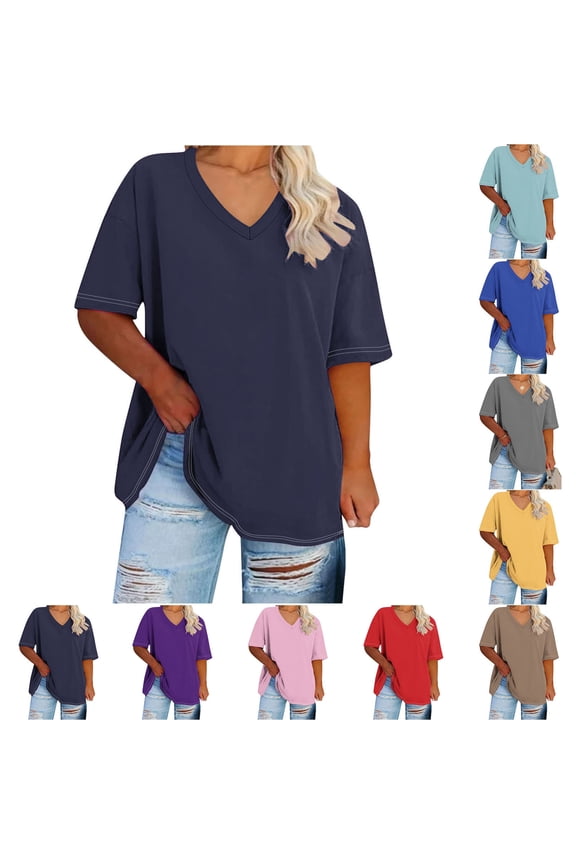 Womens T Shirts Plus Size V Neck Summer Tops Casual Loose Solid Color Basic Tees Tops, S-5XL