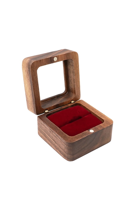 Wooden Ring Box, Valentine Gifts, 2.36 inch Mini Engagement Ring Holder Box with Transparent Cover, Square Wedding Ring Box with Sponge Slot Rustic Retro Jewelry Storage Box for Proposal