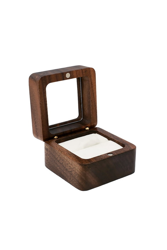 Wooden Ring Box, Valentine Gifts, 2.36 inch Mini Engagement Ring Holder Box with Transparent Cover, Square Wedding Ring Box with Sponge Slot Rustic Retro Jewelry Storage Box for Proposal