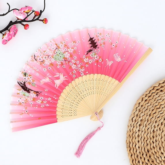 LSLXA Handheld Floral Folding Fans Hand Held Silk Bamboo Fans with Tassel Women Hollowed Hand Foldable Fan for Dancing Wedding Decoration