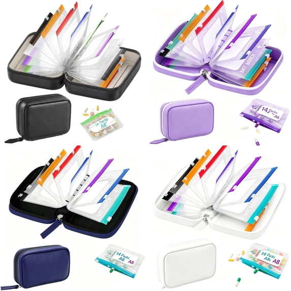 LSLXA Pill Organizer 14 Day Travel Pill Kit Personal Medicine Organizer Case Set Pill Pouches For Travel Small Portable Storage Binder Style With Bags Black