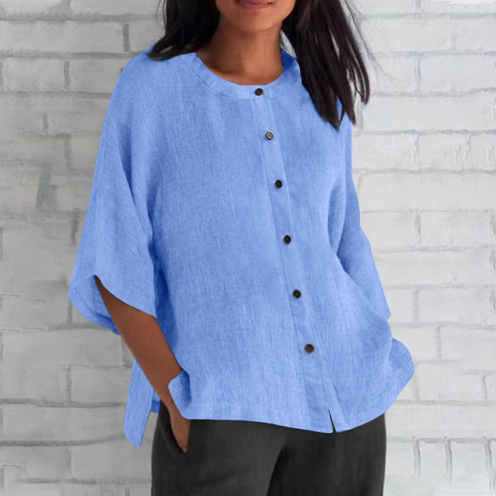 LSOLMD Linen Blouses for Women Fall Long Sleeve Solid Shirts Button ...