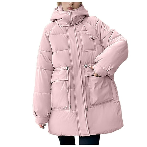 LSOLMD Women Long Quilted Coat Maxi Length Long Sleeve Puffer Jacket Solid Hooded Padded Coats Thick Warm Winter Outerwear
