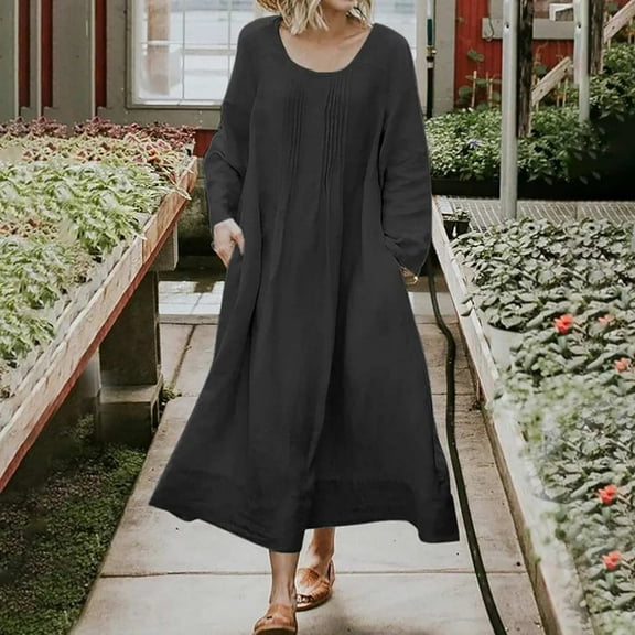 LSOLMD Womens Cotton Linen Long Sleeve Loose Maxi Dress Plus Size Casual Flowy Pleated Crewneck Beach Dress with Pocket