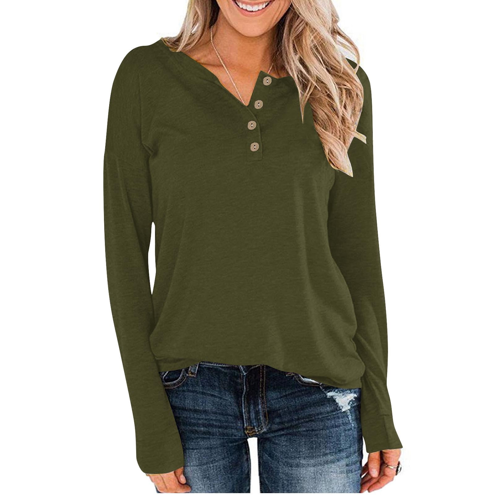 LAISHEN Women's Camo Print V-Neck Button Top - Long Sleeve Henley Blouse, Loose Casual T-Shirt