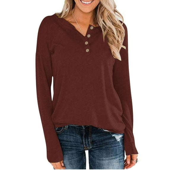 LSOLMD Womens Henley Tops Long Sleeve Cotton Shirts Thermal Pullover Casual Loose Henley Neck Tunics
