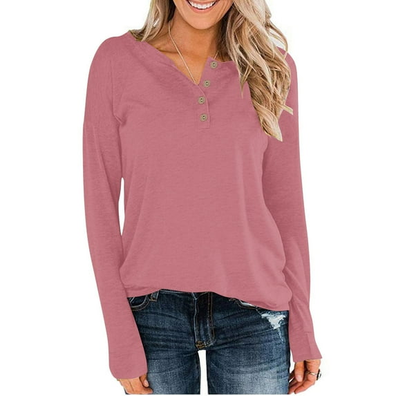 LSOLMD Womens Henley Tops Long Sleeve Cotton Shirts Thermal Pullover Casual Loose Henley Neck Tunics