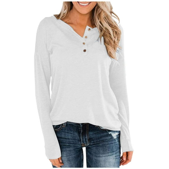 LSOLMD Womens Henley Tops Long Sleeve Cotton Shirts Thermal Pullover Casual Loose Henley Neck Tunics
