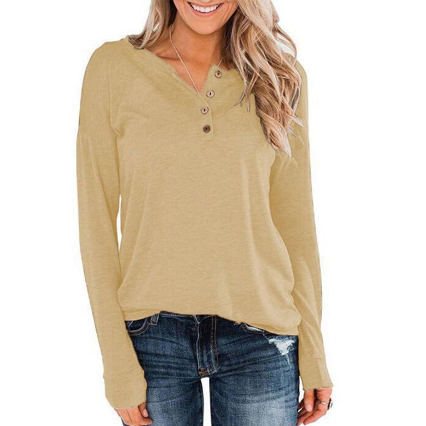 Women's Long Sleeve Henley Shirt – Casual Loose Fit V-Neck Blouse With Puff Sleeves, Button Down Top