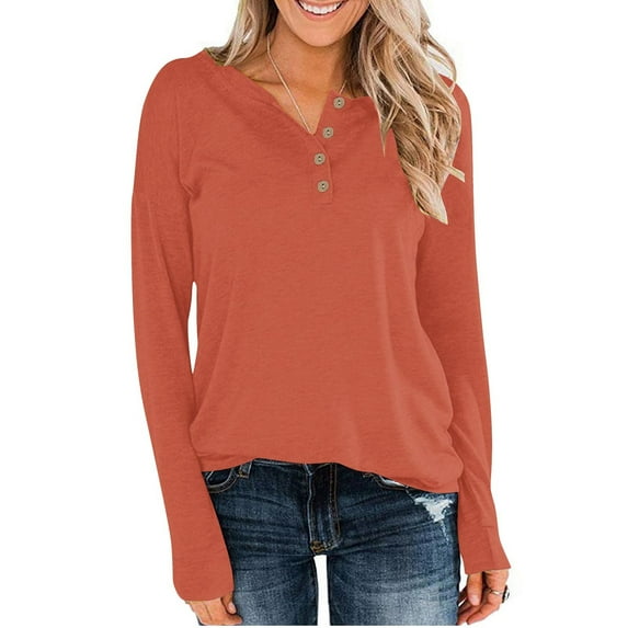 LSOLMD Womens Henley Tops Long Sleeve Cotton Shirts Thermal Pullover Casual Loose Henley Neck Tunics